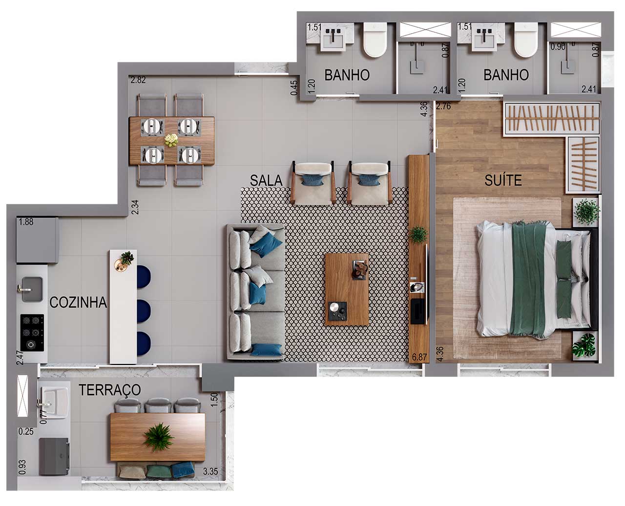 Planta 58m² - 2 Dormitórios, sala ampliada, 1 suíte e 2 vagas de garagem  - Acqua Park Barueri