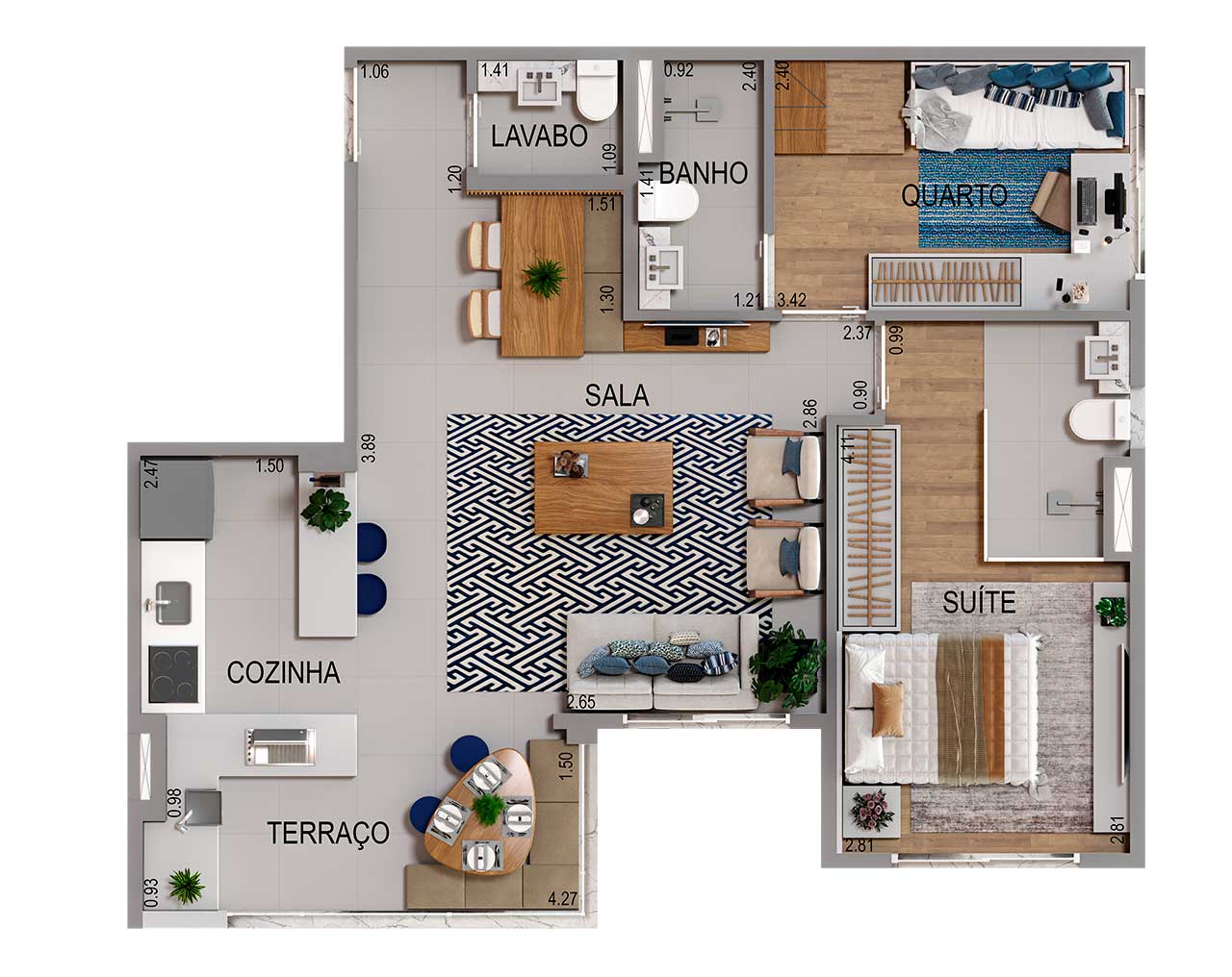 Planta 69m² - 3 Dormitórios, sala ampliada, 1 suíte e 2 vagas de garagem - Acqua Park Barueri