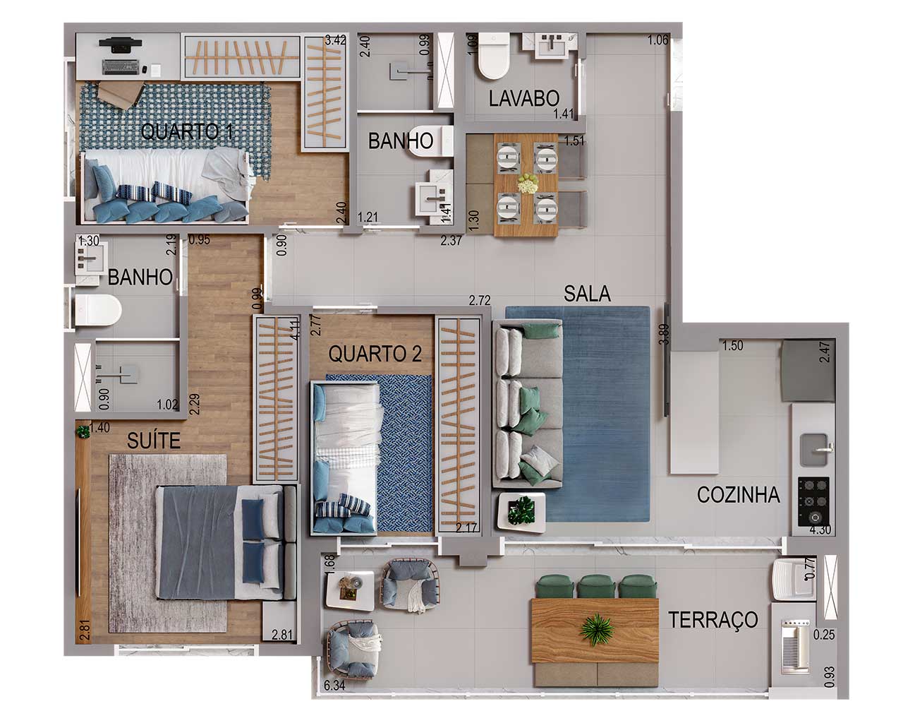 Planta 73m² - 3 Dormitórios, 1 suíte e 2 vagas de garagem  - Acqua Park Barueri